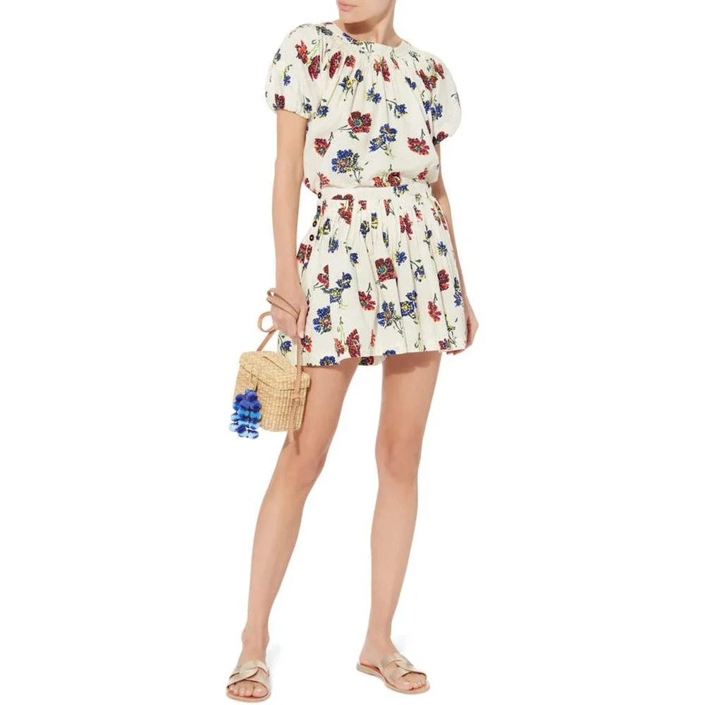 Ulla Johnson Celie Floral Print Short Puff Sleeve Top Blouse White Women's 6
